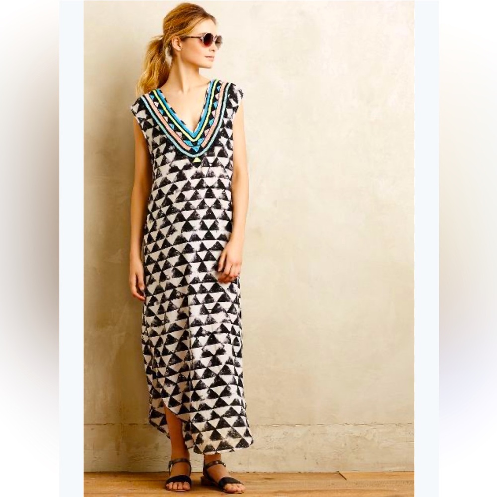 Mara Hoffman Swim Black White Geo Print Multi Colored Beaded Maxi Cover-Up Dress